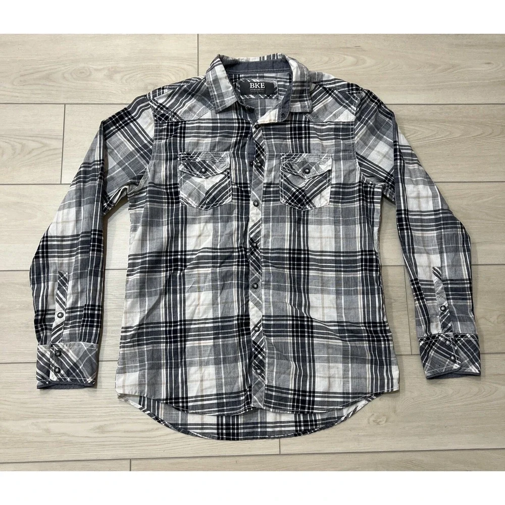 BKE Buckle Shirt Mens Navy Blue Plaid Pearl Snap Pockets White‎ Western Size L